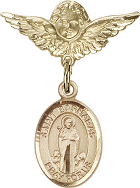 14kt Gold Baby Badge with St. Barnabas Charm and Angel w/Wings Badge Pin