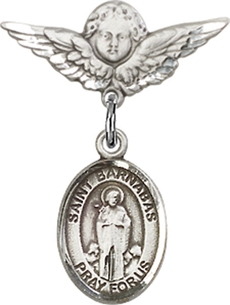 Sterling Silver Baby Badge with St. Barnabas Charm and Angel w/Wings Badge Pin