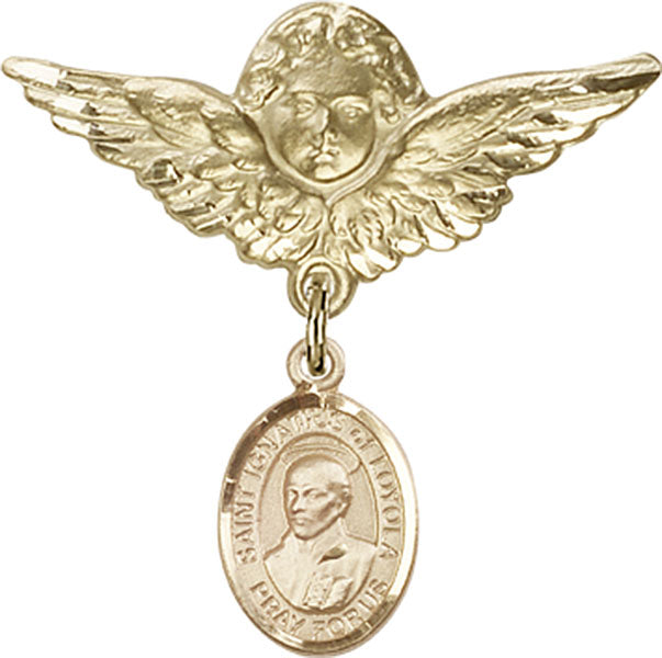 14kt Gold Baby Badge with St. Ignatius Charm and Angel w/Wings Badge Pin