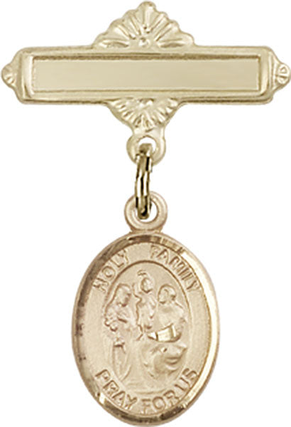 14kt Gold Baby Badge with Holy Family Charm and Polished Badge Pin