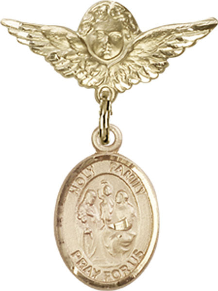 14kt Gold Baby Badge with Holy Family Charm and Angel w/Wings Badge Pin