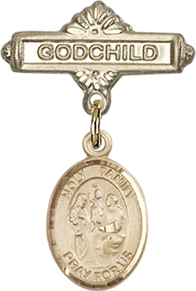 14kt Gold Baby Badge with Holy Family Charm and Godchild Badge Pin