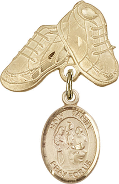 14kt Gold Baby Badge with Holy Family Charm and Baby Boots Pin