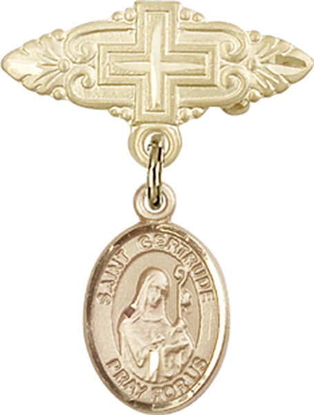 14kt Gold Filled Baby Badge with St. Gertrude of Nivelles Charm and Badge Pin with Cross