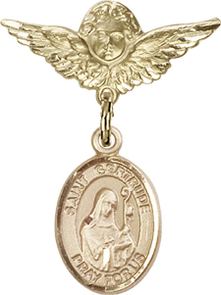 14kt Gold Filled Baby Badge with St. Gertrude of Nivelles Charm and Angel w/Wings Badge Pin