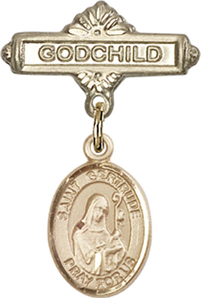14kt Gold Filled Baby Badge with St. Gertrude of Nivelles Charm and Godchild Badge Pin