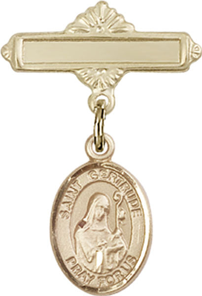 14kt Gold Baby Badge with St. Gertrude of Nivelles Charm and Polished Badge Pin