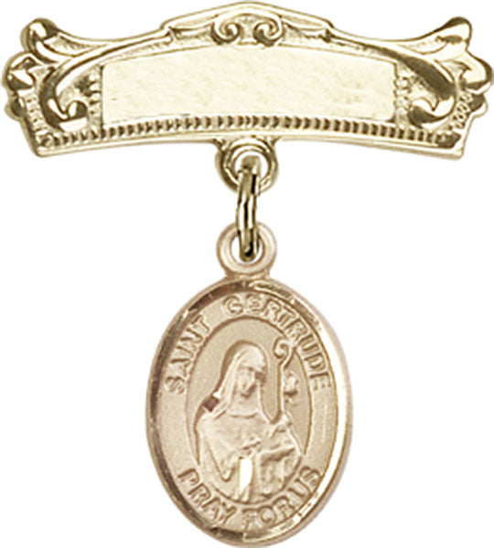 14kt Gold Baby Badge with St. Gertrude of Nivelles Charm and Arched Polished Badge Pin