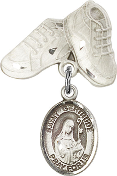 Sterling Silver Baby Badge with St. Gertrude of Nivelles Charm and Baby Boots Pin