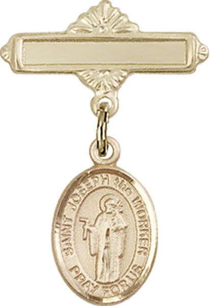 14kt Gold Filled Baby Badge with St. Joseph the Worker Charm and Polished Badge Pin