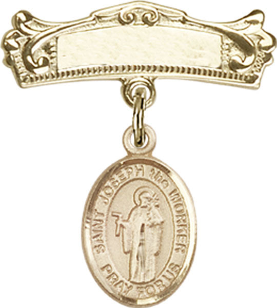 14kt Gold Filled Baby Badge with St. Joseph the Worker Charm and Arched Polished Badge Pin