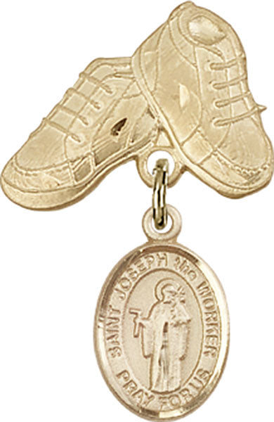 14kt Gold Filled Baby Badge with St. Joseph the Worker Charm and Baby Boots Pin