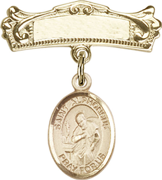 14kt Gold Filled Baby Badge with St. Alphonsus Charm and Arched Polished Badge Pin