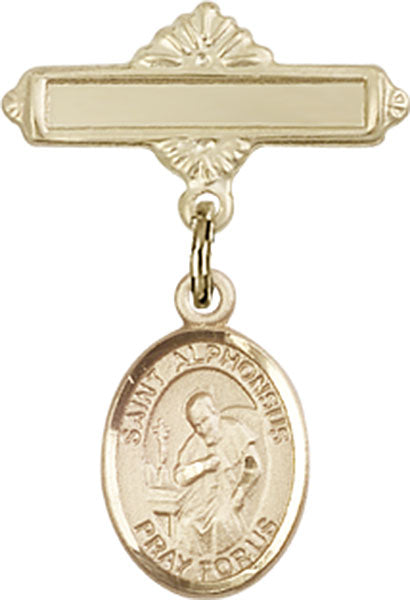 14kt Gold Baby Badge with St. Alphonsus Charm and Polished Badge Pin