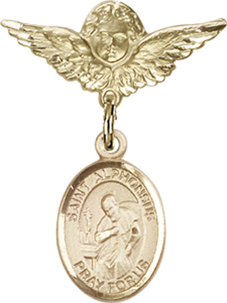 14kt Gold Baby Badge with St. Alphonsus Charm and Angel w/Wings Badge Pin