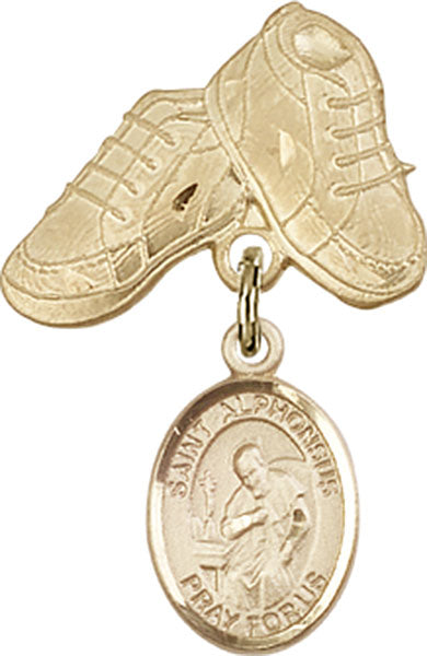 14kt Gold Baby Badge with St. Alphonsus Charm and Baby Boots Pin