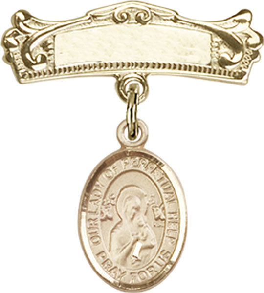 14kt Gold Filled Baby Badge with O/L of Perpetual Help Charm and Arched Polished Badge Pin