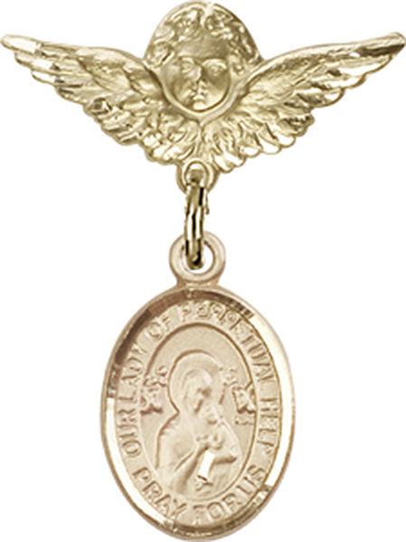14kt Gold Filled Baby Badge with O/L of Perpetual Help Charm and Angel w/Wings Badge Pin
