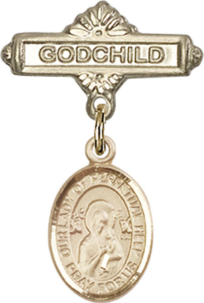 14kt Gold Filled Baby Badge with O/L of Perpetual Help Charm and Godchild Badge Pin