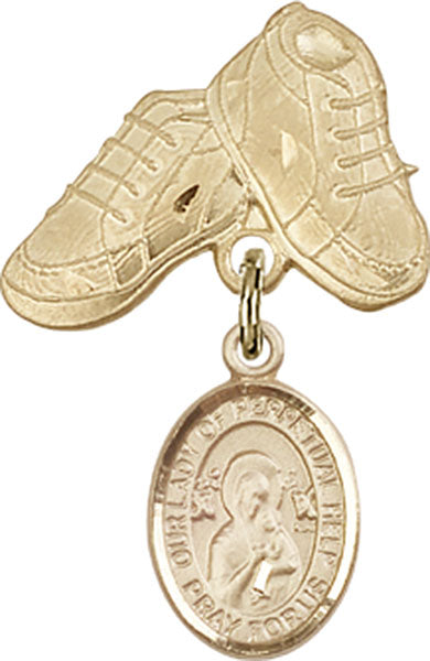 14kt Gold Baby Badge with O/L of Perpetual Help Charm and Baby Boots Pin