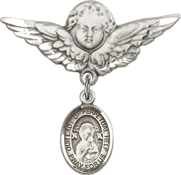 Sterling Silver Baby Badge with O/L of Perpetual Help Charm and Angel w/Wings Badge Pin