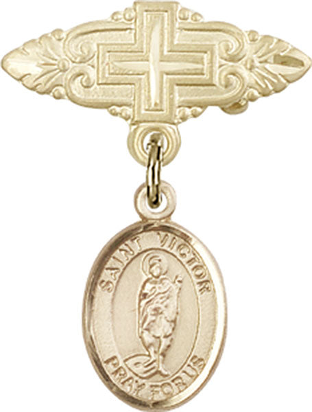 14kt Gold Filled Baby Badge with St. Victor of Marseilles Charm and Badge Pin with Cross