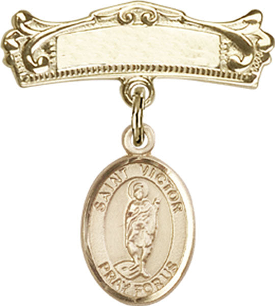 14kt Gold Filled Baby Badge with St. Victor of Marseilles Charm and Arched Polished Badge Pin