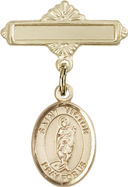 14kt Gold Baby Badge with St. Victor of Marseilles Charm and Polished Badge Pin