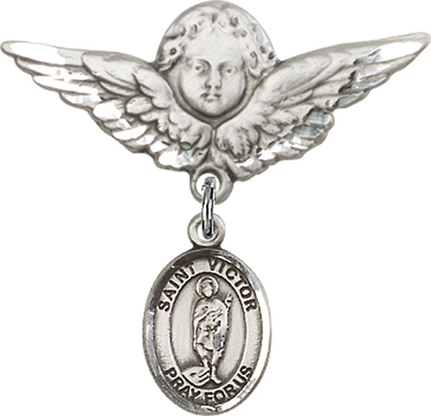 Sterling Silver Baby Badge with St. Victor of Marseilles Charm and Angel w/Wings Badge Pin