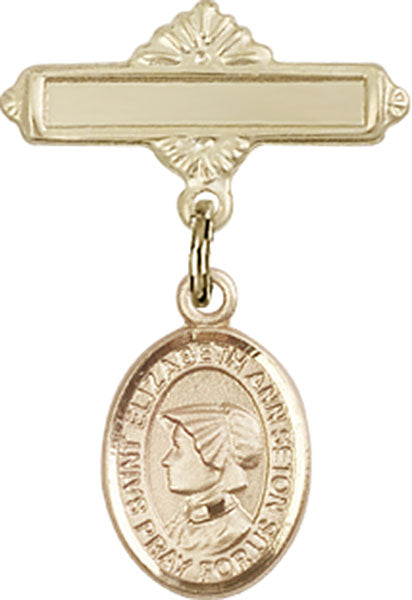 14kt Gold Filled Baby Badge with St. Elizabeth Ann Seton Charm and Polished Badge Pin