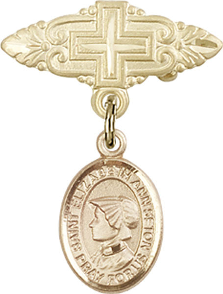 14kt Gold Filled Baby Badge with St. Elizabeth Ann Seton Charm and Badge Pin with Cross