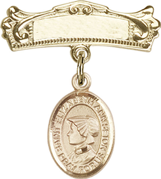 14kt Gold Filled Baby Badge with St. Elizabeth Ann Seton Charm and Arched Polished Badge Pin