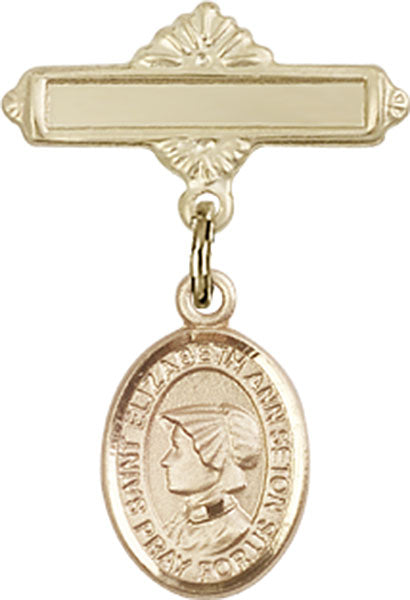 14kt Gold Baby Badge with St. Elizabeth Ann Seton Charm and Polished Badge Pin