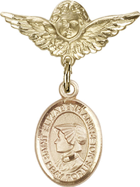 14kt Gold Baby Badge with St. Elizabeth Ann Seton Charm and Angel w/Wings Badge Pin