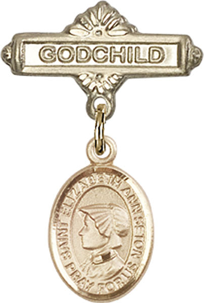 14kt Gold Baby Badge with St. Elizabeth Ann Seton Charm and Godchild Badge Pin