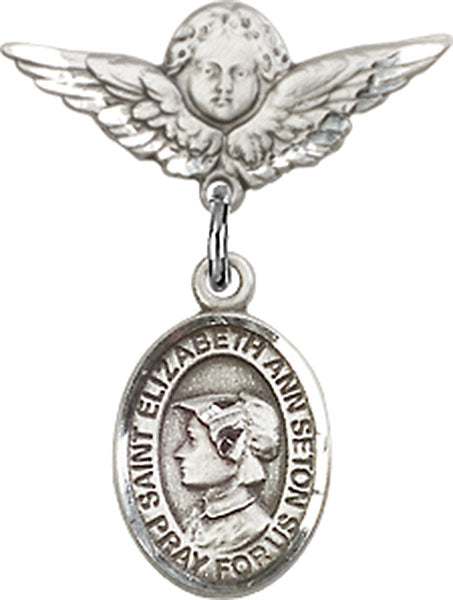 Sterling Silver Baby Badge with St. Elizabeth Ann Seton Charm and Angel w/Wings Badge Pin