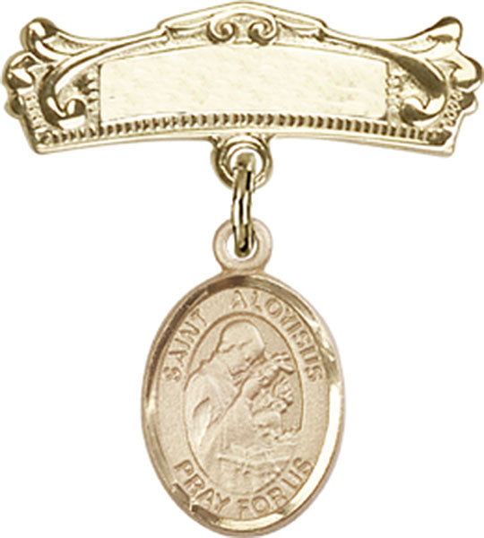 14kt Gold Filled Baby Badge with St. Aloysius Gonzaga Charm and Arched Polished Badge Pin