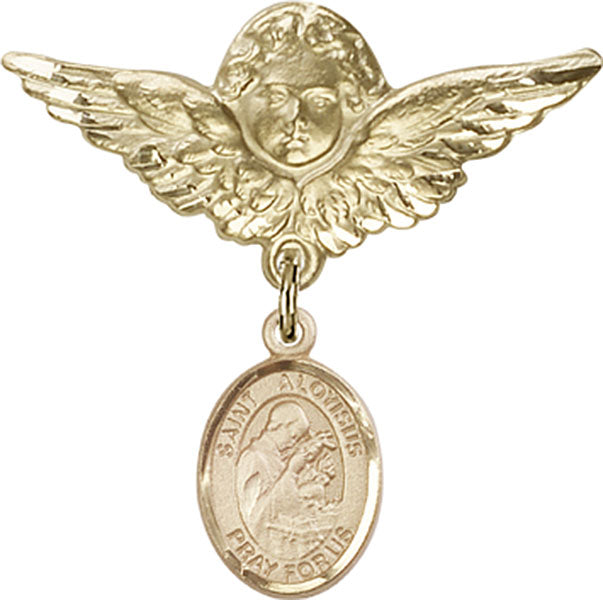 14kt Gold Baby Badge with St. Aloysius Gonzaga Charm and Angel w/Wings Badge Pin