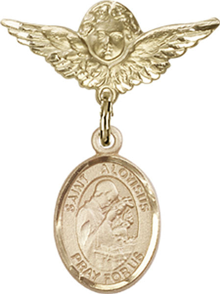 14kt Gold Baby Badge with St. Aloysius Gonzaga Charm and Angel w/Wings Badge Pin