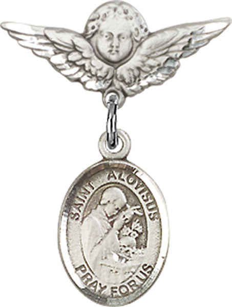 Sterling Silver Baby Badge with St. Aloysius Gonzaga Charm and Angel w/Wings Badge Pin