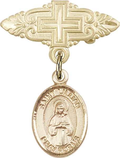 14kt Gold Baby Badge with St. Lillian Charm and Badge Pin with Cross