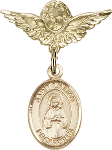 14kt Gold Baby Badge with St. Lillian Charm and Angel w/Wings Badge Pin
