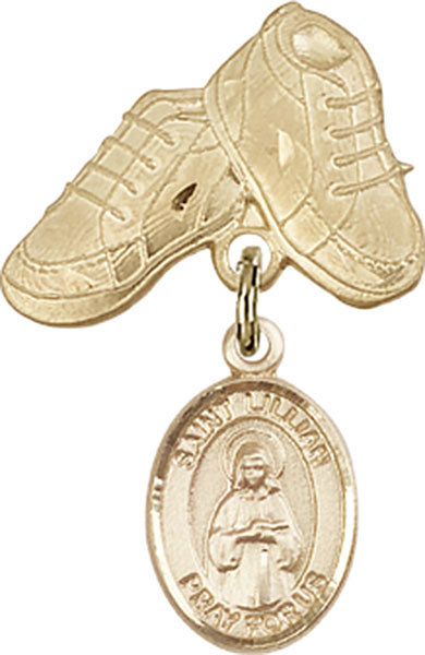 14kt Gold Baby Badge with St. Lillian Charm and Baby Boots Pin
