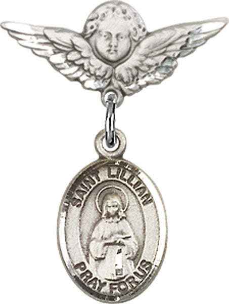 Sterling Silver Baby Badge with St. Lillian Charm and Angel w/Wings Badge Pin