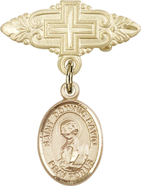 14kt Gold Filled Baby Badge with St. Dominic Savio Charm and Badge Pin with Cross