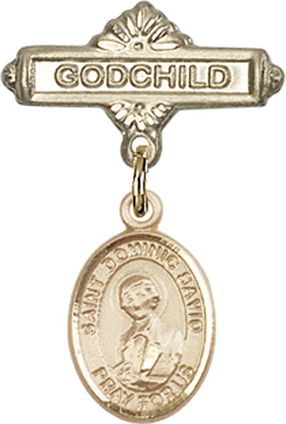 14kt Gold Filled Baby Badge with St. Dominic Savio Charm and Godchild Badge Pin