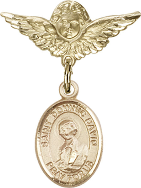 14kt Gold Baby Badge with St. Dominic Savio Charm and Angel w/Wings Badge Pin