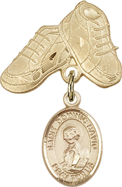 14kt Gold Baby Badge with St. Dominic Savio Charm and Baby Boots Pin