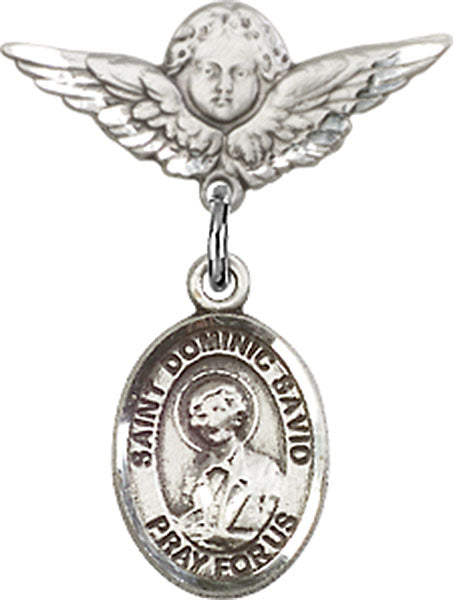 Sterling Silver Baby Badge with St. Dominic Savio Charm and Angel w/Wings Badge Pin
