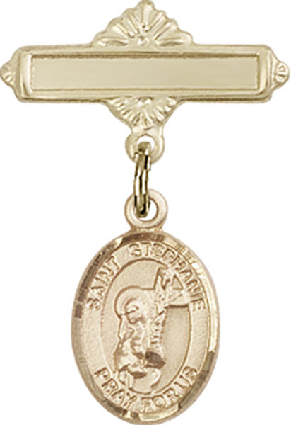 14kt Gold Filled Baby Badge with St. Stephanie Charm and Polished Badge Pin